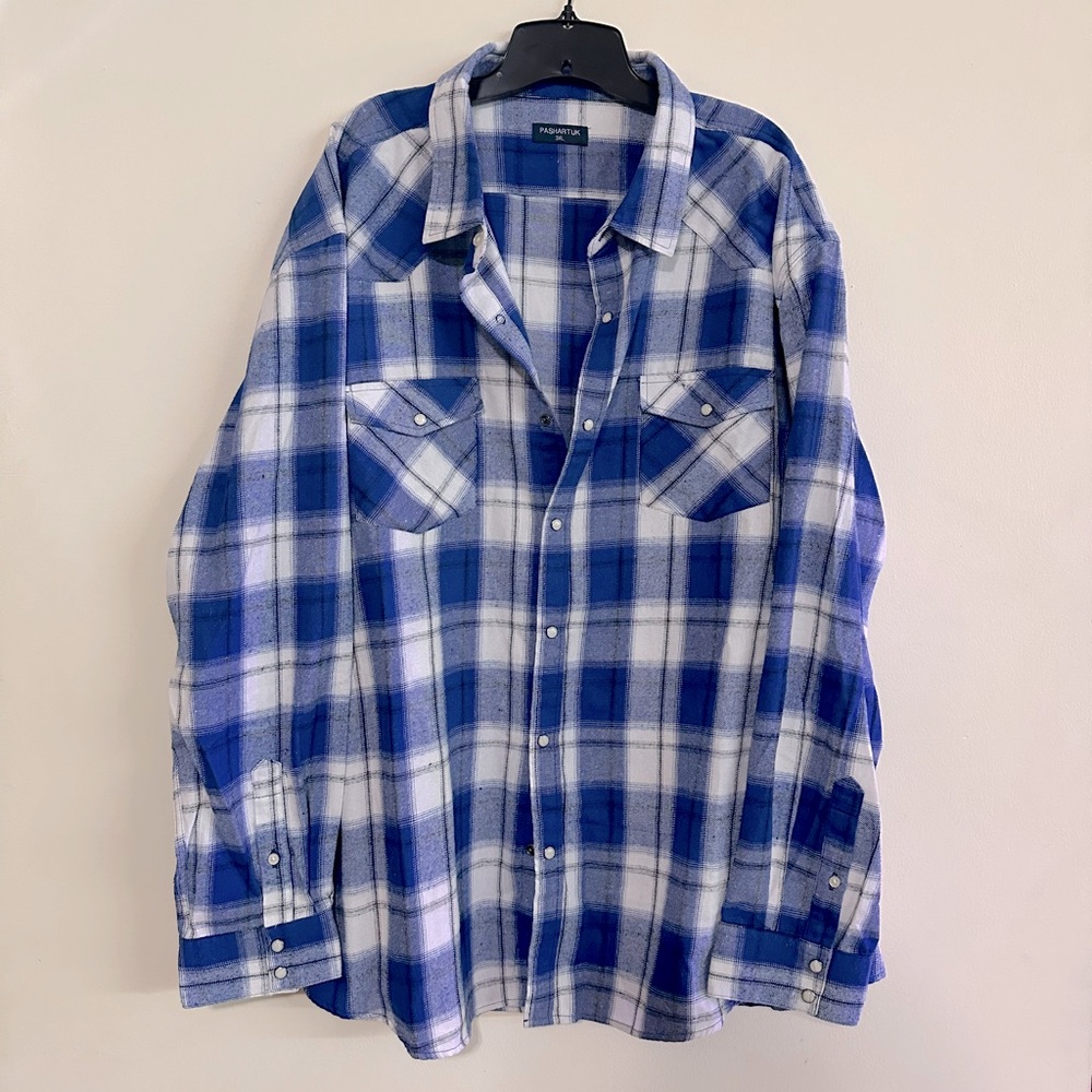 Royal Blue & White Plaid Flannel shirt w/ Opal like snaps